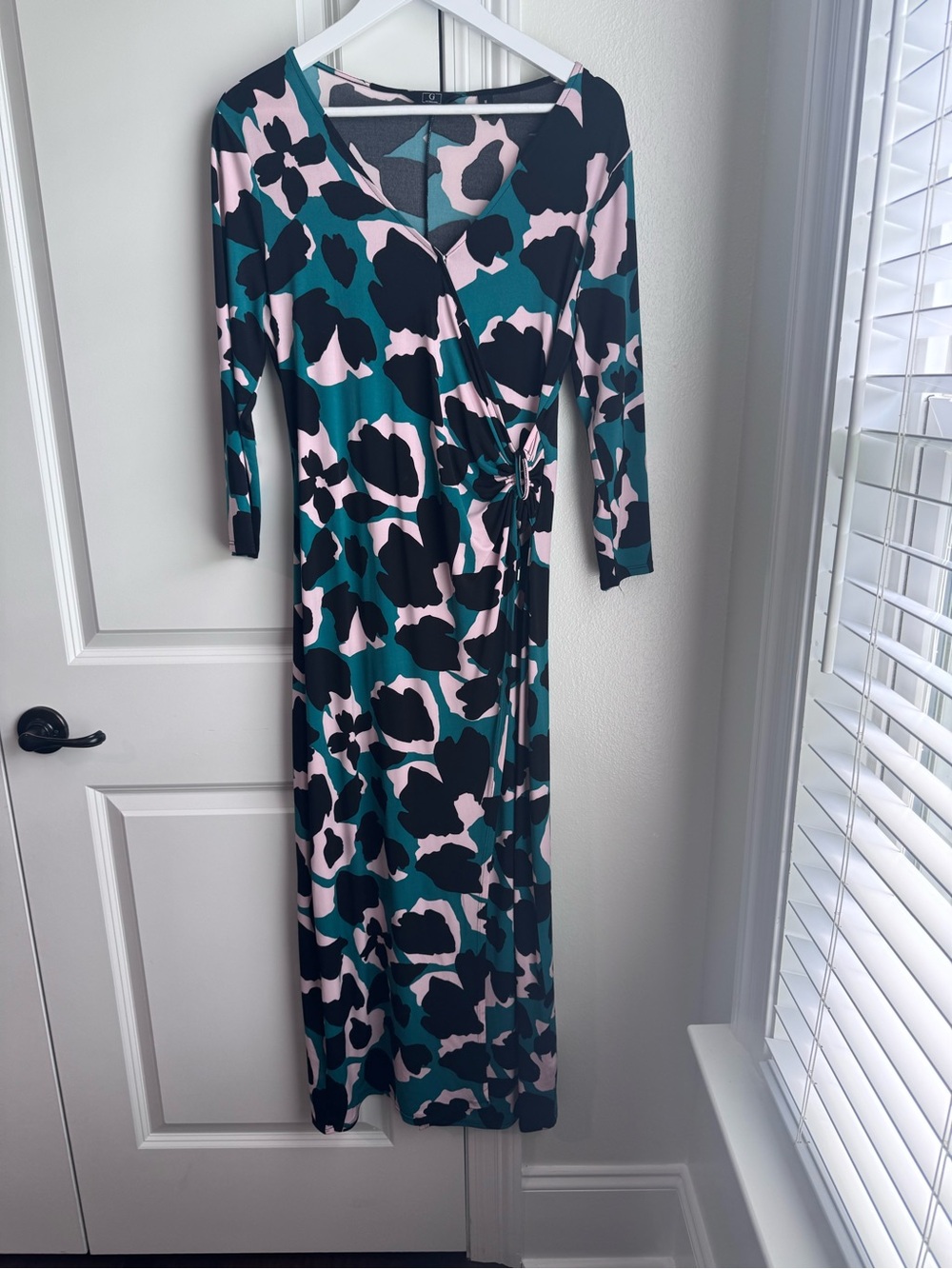 G by Giuliana Teal, Black & Light Pink Wrap-Front Long Sleeve Maxi Dress